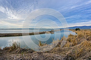 Sunset views of the ponds an levees of south San Francisco bay area, Mission Peak in the background, Sunnyvale, California