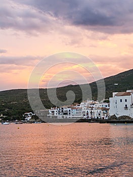 Sunset in the village of Cadaques. Romanticism in the Mediterranean Sea. The town of Salvador Dali, in Costa Brava, Gerona, Spain