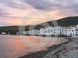 Sunset in the village of Cadaques. Romanticism in the Mediterranean Sea. The town of Salvador Dali, in Costa Brava, Gerona, Spain