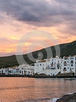 Sunset in the village of Cadaques. Romanticism in the Mediterranean Sea. The town of Salvador Dali, in Costa Brava, Gerona, Spain