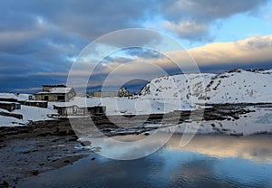 Sunset in the village Teriberka, Murmansk region, Russia