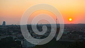 Sunset in Vilnius, view of the Tower of Gediminas, time-lapse