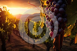 sunset in a vineyard with grapes