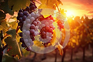 sunset in a vineyard with grapes