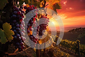 sunset in a vineyard with grapes