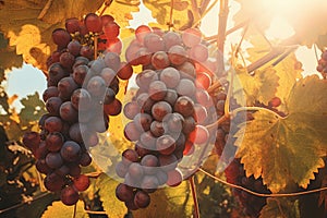 sunset in a vineyard with grapes