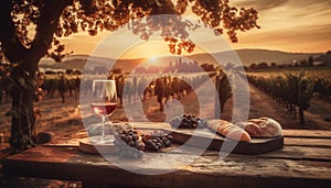 Sunset vineyard, ripe grapes, wineglass, relaxation generated by AI