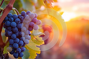 Sunset vineyard: ripening grape cluster