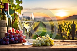 Sunset vineyard scene with white wine, bottle, and grapes. Generative AI