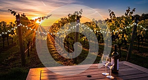 Sunset Vineyard with Wine Tasting Setup â generated by AI