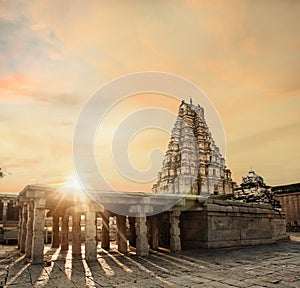 sunset at Virupaksha Temple, ruins of ancient city Vijayanagar at Hampi, the ancient city of Vijayanagar Hampi,