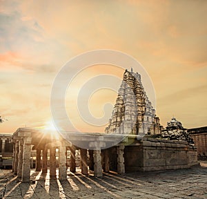 sunset at Virupaksha Temple, ruins of ancient city Vijayanagar at Hampi, the ancient city of Vijayanagar Hampi, photo
