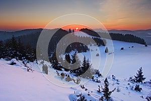 Sunset from Vysoky vrch over Porac village on Volovske vrchy