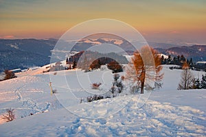 Sunset from Vysoky vrch over Porac village on Volovske vrchy