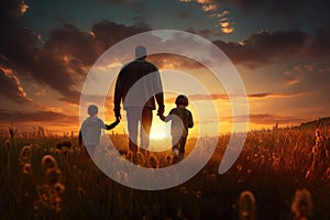 Sunset Walk: Father and Sons in Field