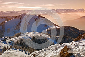 Sunset at wallberg summit, view to the alps