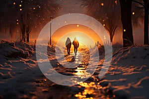 Sunset wanderer Individual traverses snowy path on winter evening
