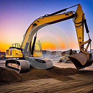 Sunset Watch Excavators Hard at Work on the Building Photo