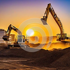 Sunset Watch Excavators Hard at Work on the Building Photo