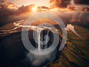 Sunset, a waterfall covering most of the cliff erupts from the steep cliff