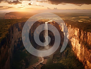 Sunset, a waterfall covering most of the cliff erupts from the steep cliff