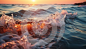 Sunset wave splashing on tranquil seascape background generated by AI