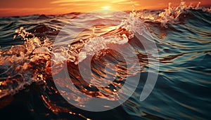 Sunset wave splashing on tranquil tropical coastline generated by AI