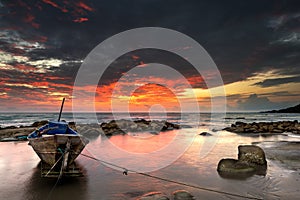 Sunset wave stone in Lan Hin Khao Beach Mueang Rayong ,Thailan