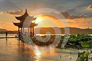 Sunset on West Lake in Hangzhou, China