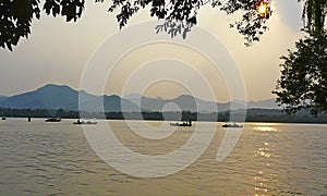 Sunset at the West Lake in Hangzhou, China