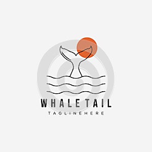 Sunset whale tail line art logo vector illustration design. ocean beach symbol