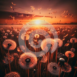 Sunset Whispers: AI Captured Field of Dandelion Seed Puffs in Golden Glow
