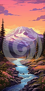 Sunset Wilderness: Mountain And River Vector Design