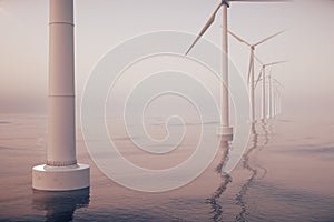 Sunset wind turbines in sea, ocean. Clean energy, wind energy, ecological concept. 3d rendering