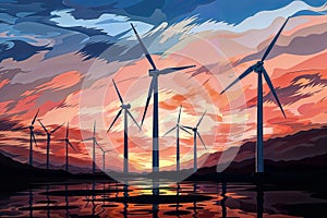 Sunset & Wind Turbines: Water in Foreground & Colorful Sky, generative ai