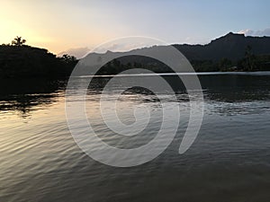 Sunset in Winter above Wailua River in Kapaa on Kauai Island, Hawaii.