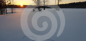 Sunset in winter and long shadows from trees