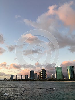 Sunset in Winter at Magic Island in Honolulu on Oahu Island, Hawaii.