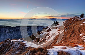 Sunset in winter mountains landscape with forest