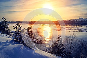 Sunset winter snow nature river horizon landscape. Winter snow forest river sunset view. Sunset winter river snow.