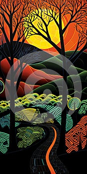 Sunset Woods: A Vibrant Fusion Of Organic And Geometric Forms