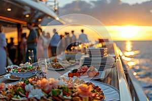 Sunset yacht party with elegant buffet setup