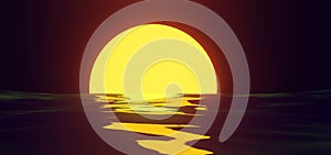 Sunset yellow sun reflection on water surface on background night sky. Tropical sea landscape with moon path in orange
