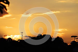 Sunset with yellowish sky full of orange clouds, with tropical rainforest in the background photo