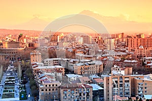 Sunset at Yerevan City, view with majestic Ararat mountain, Armenia