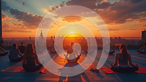 A sunset yoga session on a rooftop, combining physical fitness with spiritual connection