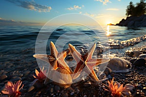 Sunsets embrace, two starfish find repose on sandy beach by tranquil sea