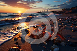 Sunsets embrace, two starfish find repose on sandy beach by tranquil sea