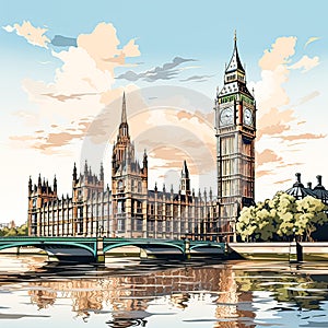 Sunsets embrace in watercolor Big Ben stands tall