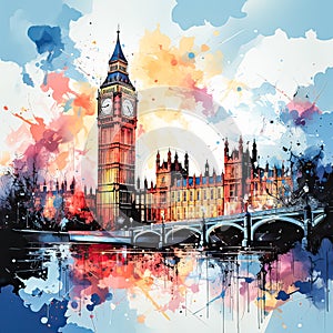 Sunsets embrace in watercolor Big Ben stands tall